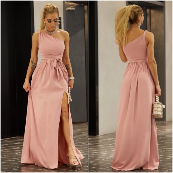 Luxurious Blush Pink One Shoulder Formal Party Prom Wedding Dress - Picture 3 of 4